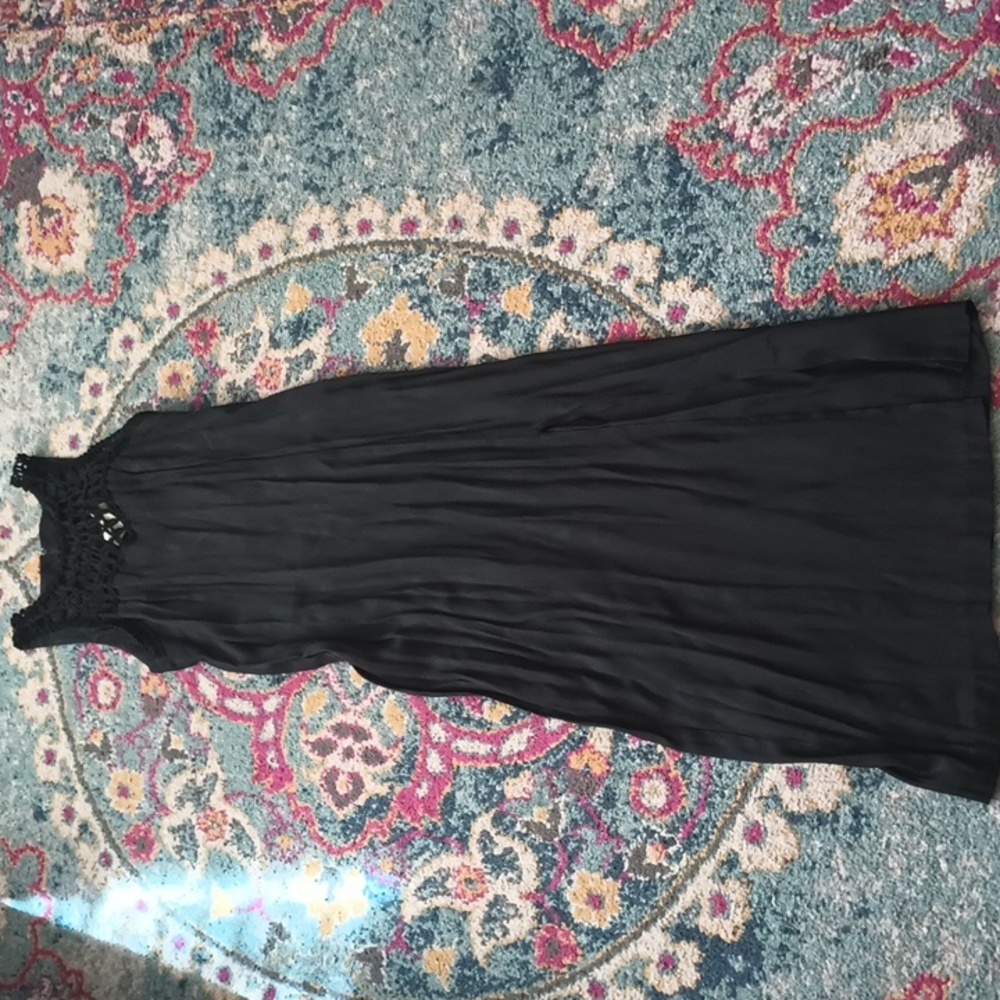Knapp Studio Vintage Black Lattice Neckline Front Slit Maxi Dress 11 S U.S.A.